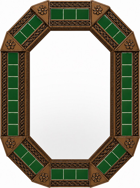 Octagonal tin mirror with green talavera tile accents light brown