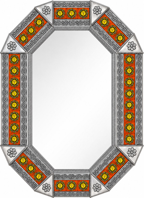 Octagonal tin mirror frame with talavera sun tile accents