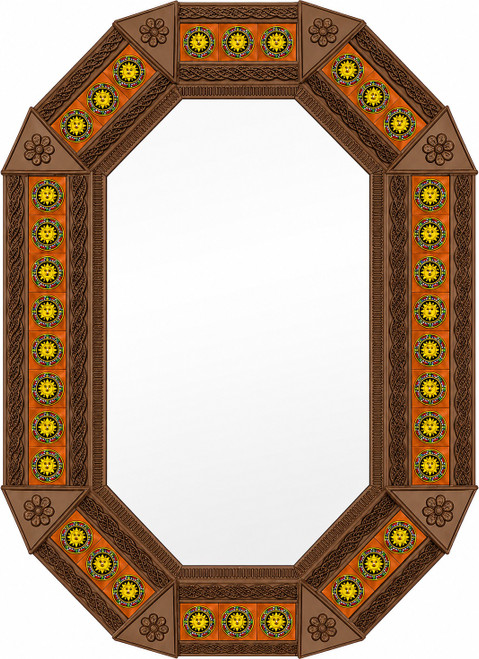 Octagonal tin mirror frame with talavera sun tile accents light brown