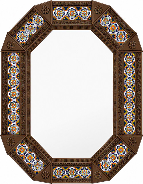 Tin talavera octagonal decorative hacienda mirror frame light brown