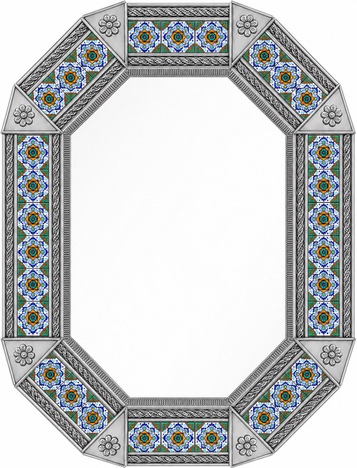 Octagonal decorative tin mirror with colorful talavera tiles