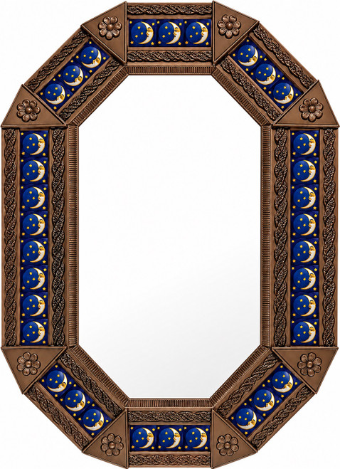Octagonal decorative tin mirror with moon talavera tile frame light brown