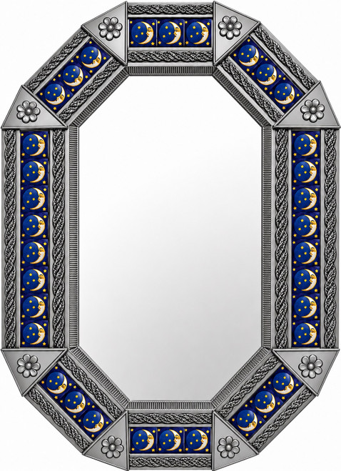 Octagonal decorative tin mirror with moon talavera tile frame