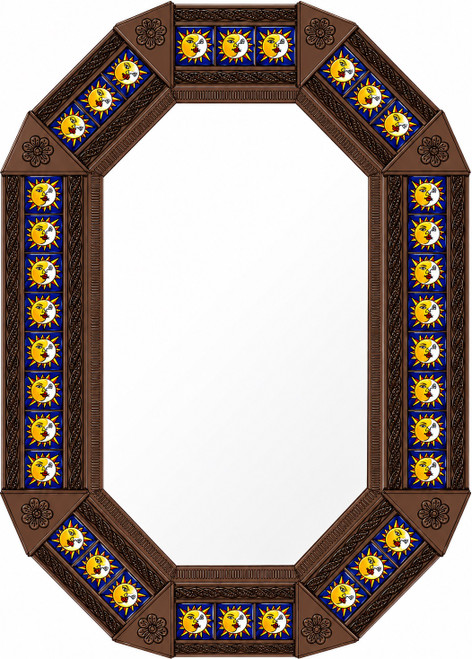 Octagonal decorative tin mirror with sun and moon talavera tiles light brown