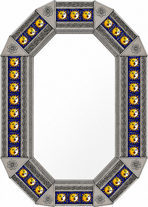 Octagonal decorative tin mirror with sun and moon talavera tiles