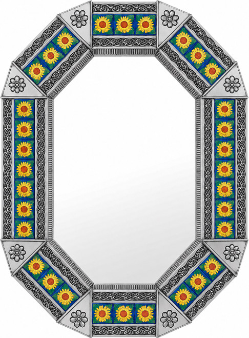 Octagonal natural tin mirror with sunflower talavera tile frame