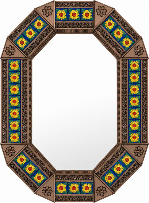 Octagonal copper color tin mirror with sunflower talavera tile frame light brown