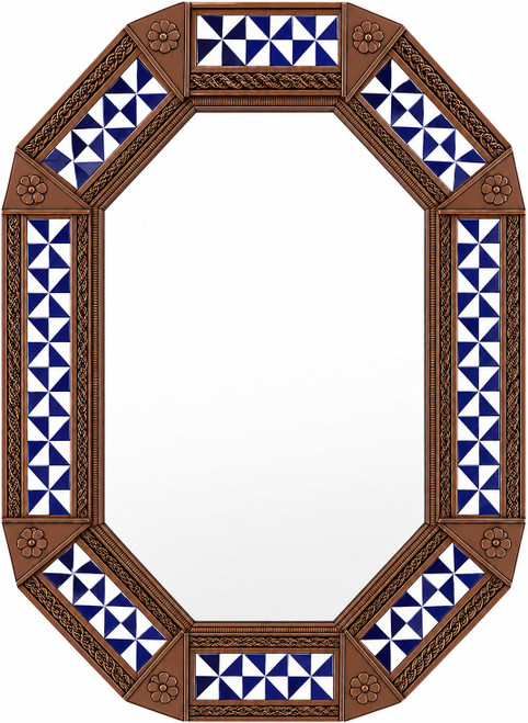 Octagonal decorative light brown tin mirror with blue pinwheel talavera tiles