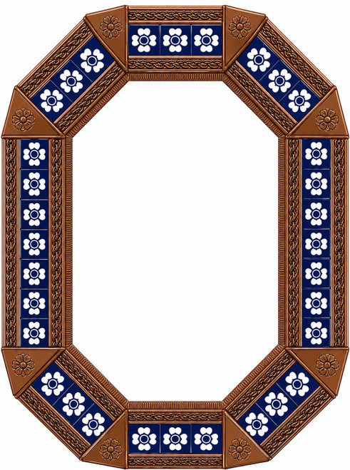 Octagonal decorative tin mirror with blue talavera flower tiles light brown