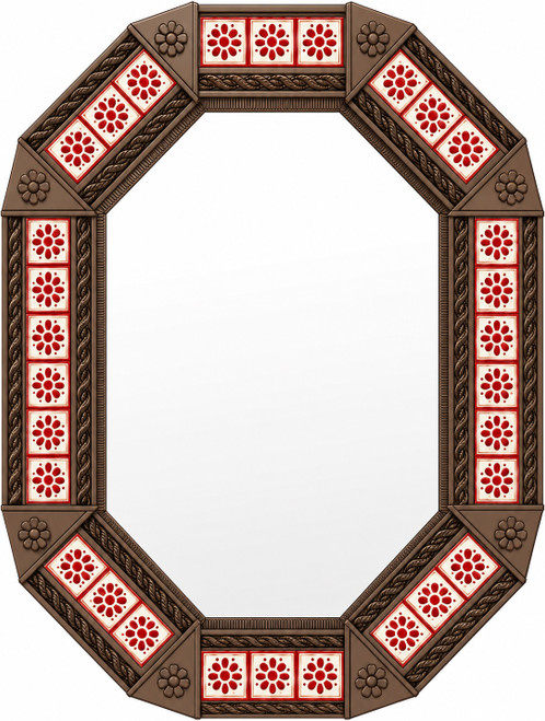 Octagonal decorative tin mirror with red talavera tile pattern light brown