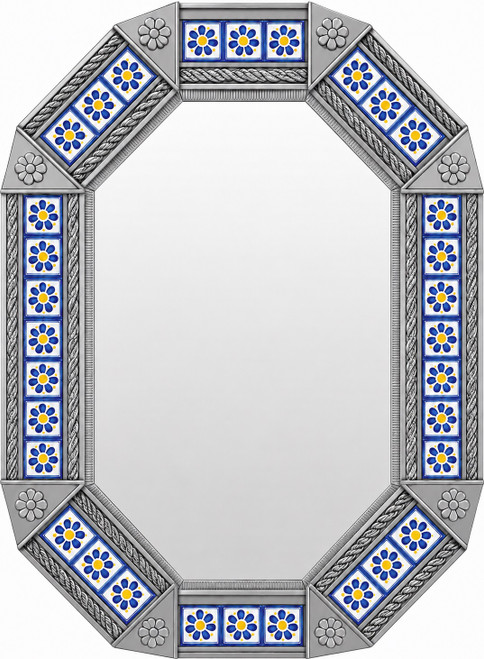 Decorative octagonal hacienda mirror with blue talavera accents