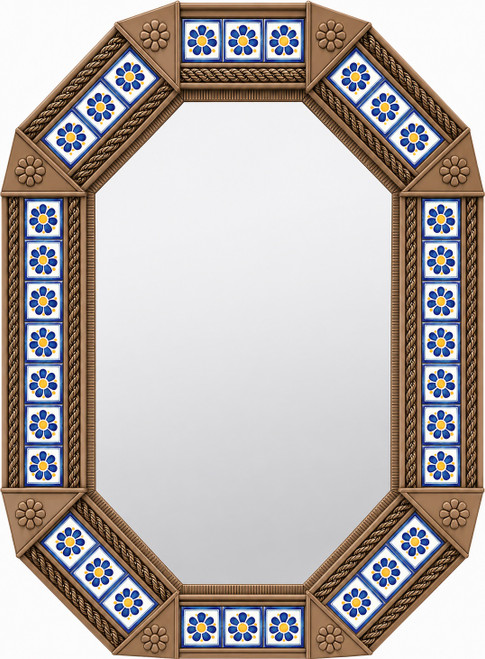 Decorative octagonal hacienda mirror with blue talavera accents light brown