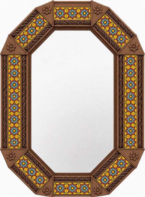 Octagonal decorative cupula floral talavera tin mirror frame light brown