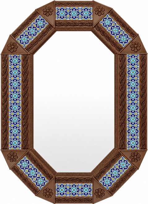 Octagonal tin mirror with blue talavera tile frame light brown