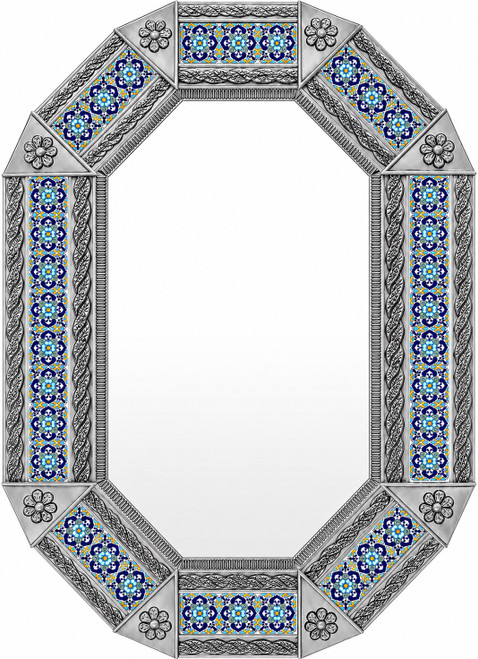 Octagonal tin mirror with sky and navy blue talavera tile frame