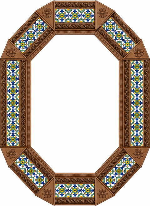 Octagonal decorative light brown tin mirror with blue talavera tile accents