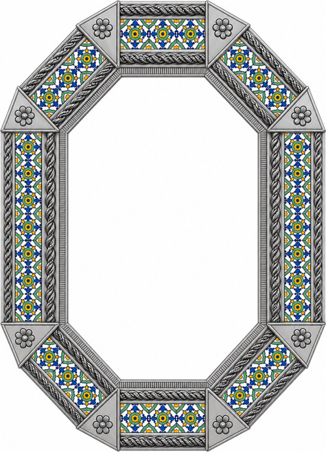 Octagonal decorative tin mirror with blue talavera tile accents