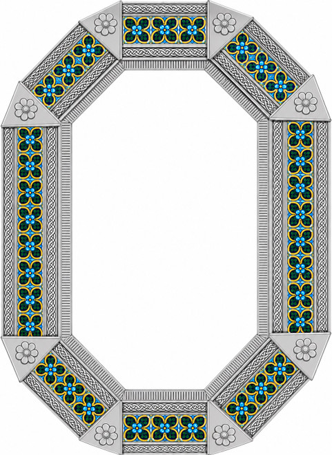 Octagonal tin mirror frame with blue floral talavera tile pattern
