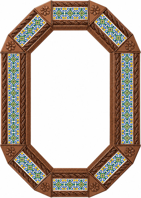 Octagonal decorative light brown tin mirror with mexican talavera tile accents