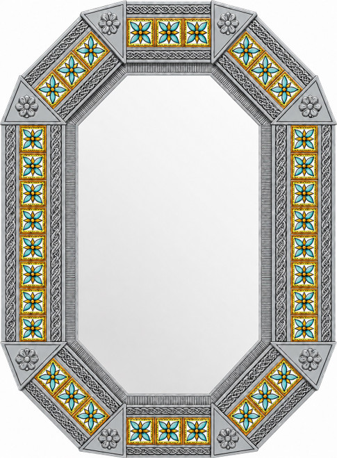 Octagonal tin mirror frame with talavera floral tiles