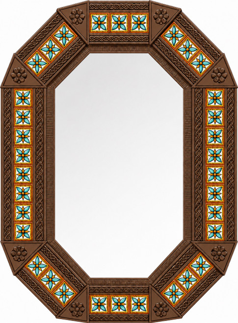 Octagonal tin mirror frame with talavera floral tiles light brown