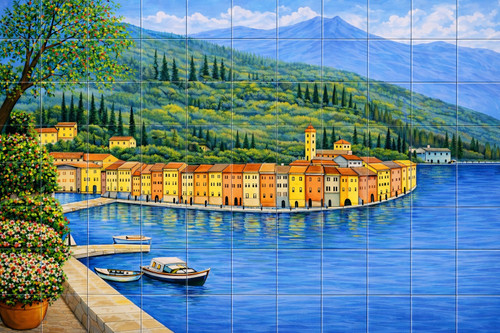 Mexican talavera tile mural Italian lakeside village scene