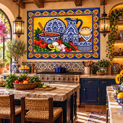 Mexican tile mural blue talavera tableware featured in a Mediterranean kitchen with tile decor.