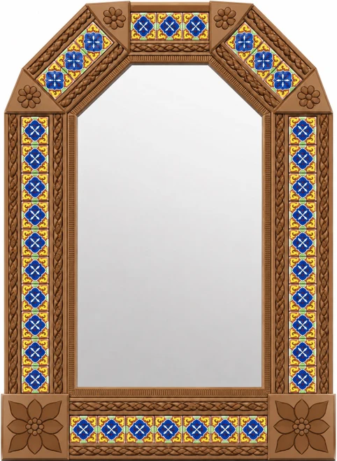 Handcrafted tin mirror with old world talavera tile frame light brown