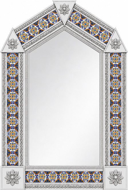 Handcrafted arch tin mirror colorful talavera tile border