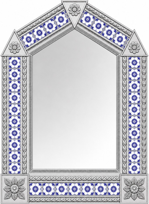 Handcrafted arch tin mirror featuring blue floral talavera tile accents