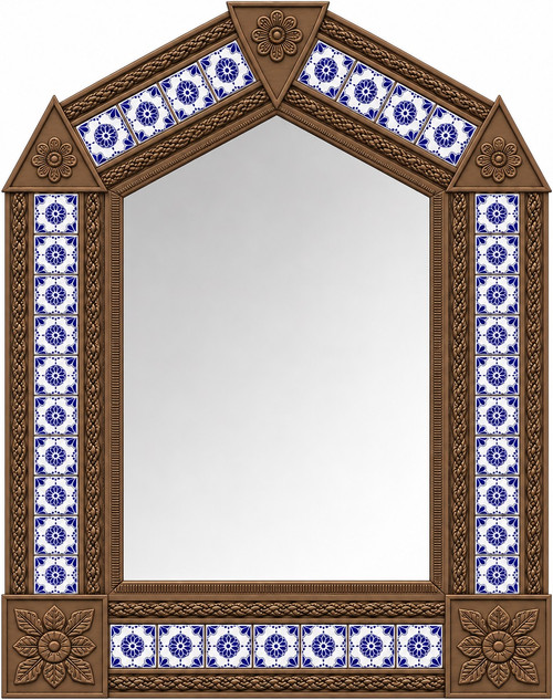 Handcrafted arch light brown tin mirror featuring blue floral talavera tile accents