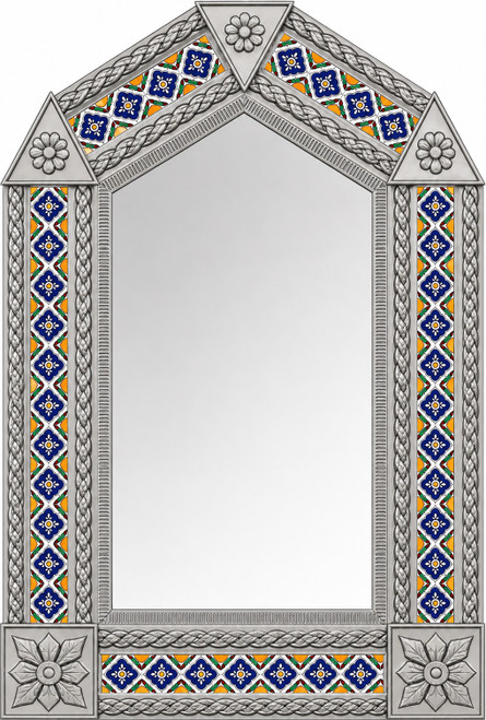 Handcrafted arch tin mirror blue talavera tiles