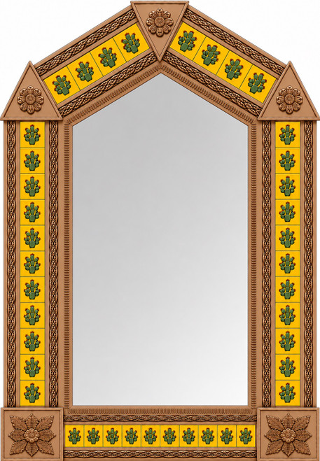 Handcrafted arch tin mirror with cactus talavera tiles light brown