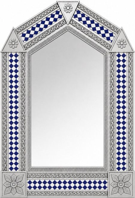 Handcrafted arch tin mirror with blue diamond talavera tiles