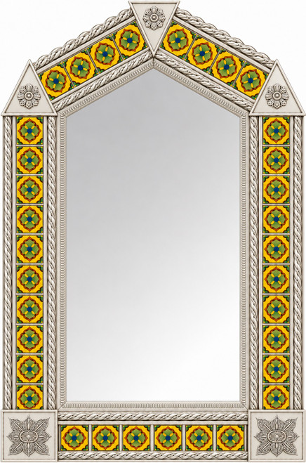 Handcrafted arch tin mirror colorful yellow green talavera tiles