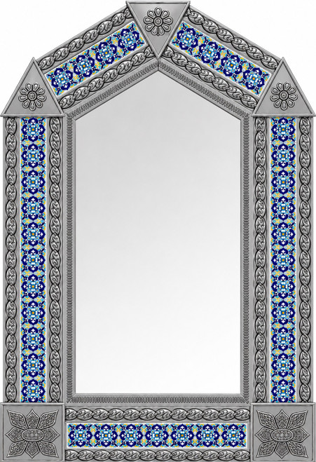 Handcrafted arch tin mirror with floral talavera tilework