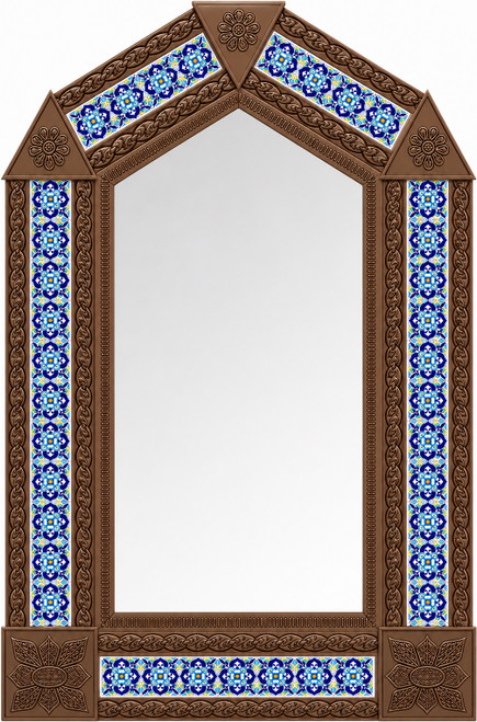 Light brown handcrafted arch tin mirror with floral talavera tilework