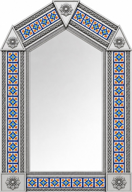 Handcrafted arch tin mirror with hacienda talavera tilework