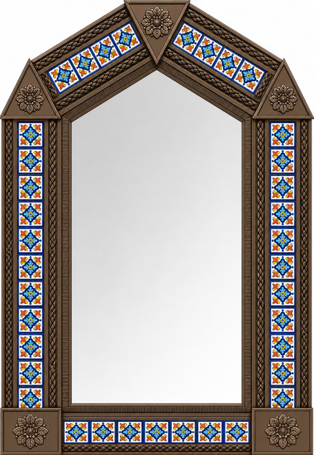 Light brown handcrafted arch tin mirror with hacienda talavera tilework