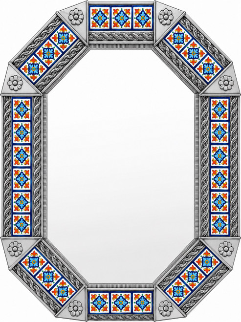 Octagonal decorative tin mirror with floral talavera tiles