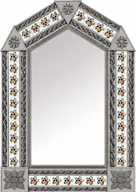 Handcrafted arch talavera tin mirror frame with floral tile accents