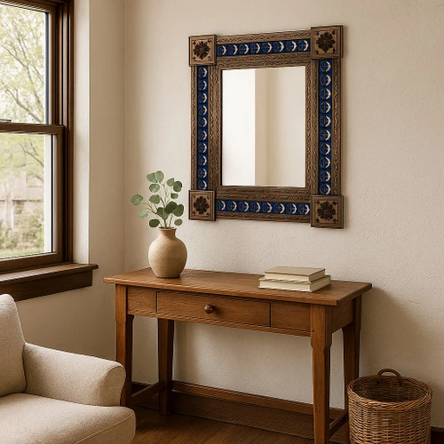 Tin mirror with blue moon and star Talavera tile border decorating a home office