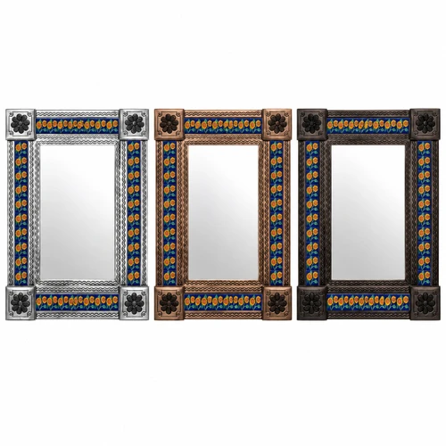 Three Talavera tile mirrors side by side in silver, copper, and dark coffee finishes on white background