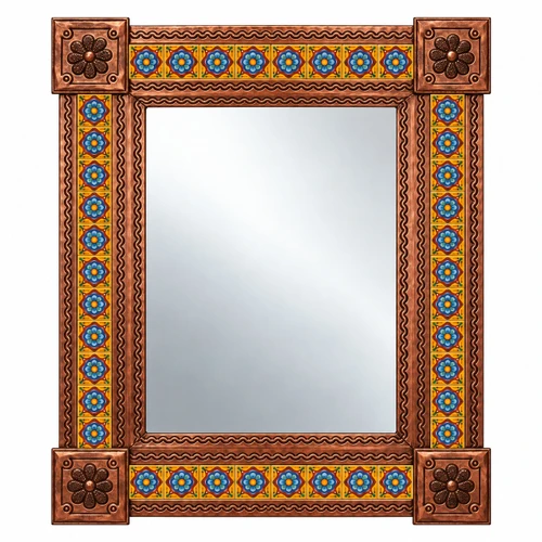 Mexican copper finish tin mirror with golden floral Talavera tile frame and embossed floral corners