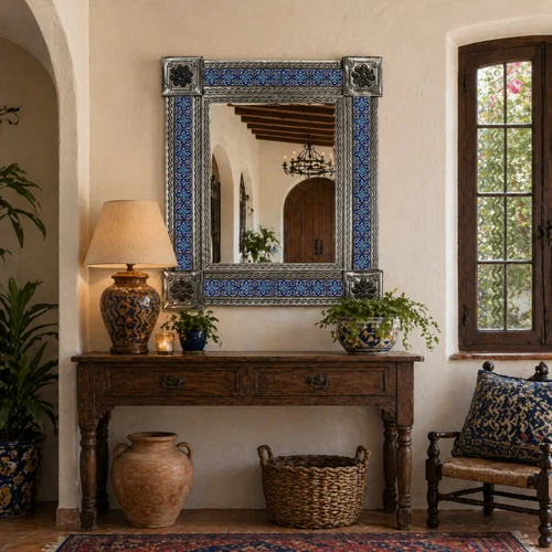 Mexican metal frame tile mirror Spanish Colonial Talavera pattern displayed above rustic console in warm interior with window and natural light
