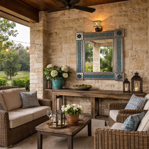 Mexican Metal Frame Tile Mirror Blue Floral Pattern on covered Texas patio with stone wall and rustic seating