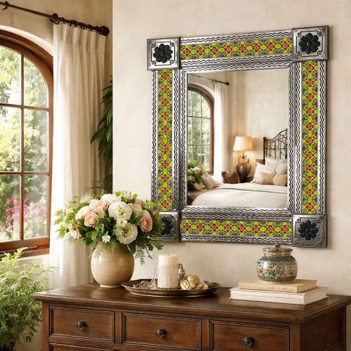 Blue Yellow Talavera Tile Mirror with floral geometric pattern and metal frame above wooden console in sunlit bedroom
