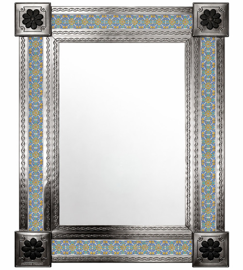 Rectangular Mexican Talavera tile mirror with blue yellow floral pattern and natural punched metal frame