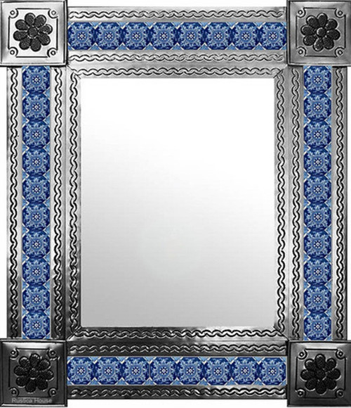 Rectangular Talavera tile mirror with blue white floral pattern and natural finish frame, ceramic tile border around central glass panel