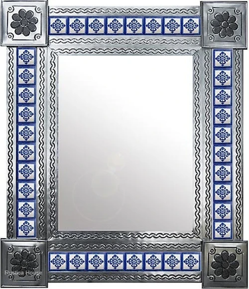 Tin tile mirror with blue Talavera accents with natural frame finish option